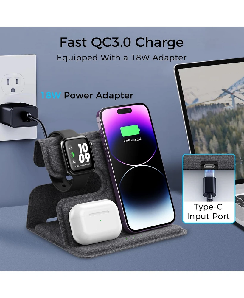 Alpha Digital 3-in-1 Leather 18W Wireless Charger - SmartPhone, Earbuds & SmartWatch