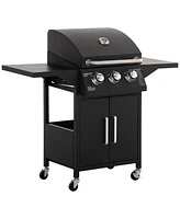 Outsunny 3 Burner Gas Grill w/ Wheels, Storage Shelves, Thermometer,