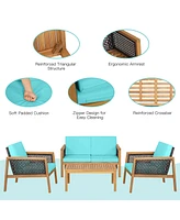 8PCS Patio Rattan Furniture Set Acacia Wood Cushioned Sofa