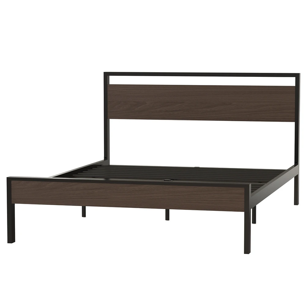 Streamdale Furniture Ceres Metal Bed, Black with Walnut Wood Headboard&Footboard, Queen
