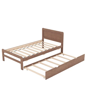 Modern Design Wooden Twin Size Platform Bed Frame With Trundle For Walnut Color