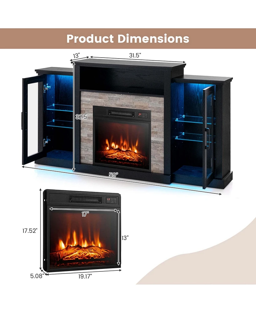Fireplace Tv Stand with Led Lights & Electric For 65" Wall-Mounted