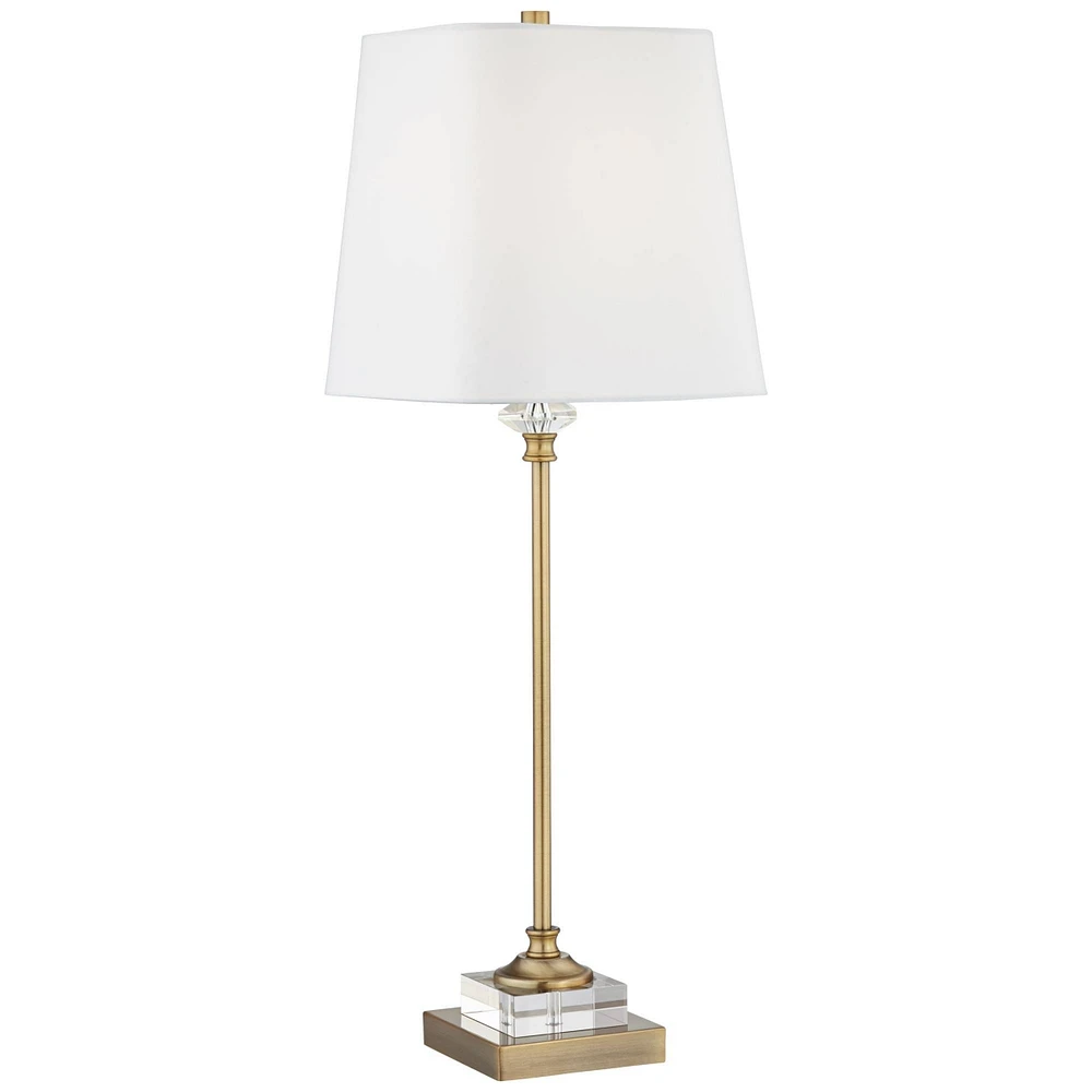 Julia Traditional Glam Luxury Style Buffet Table Lamp with Table Top Dimmer 29.5" Tall Skinny Gold Brass Crystal Glass White Fabric Square Shade