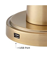 Karla Modern Table Lamps 25" Tall Set of 2 with Usb Charging Port Brass Gold Metal Beige Fabric Drum Shade for Bedroom Living Room House Desk Bed