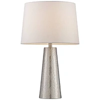 Modern Table Lamp 25 3/4" High Silver Leaf Hammered Textured Metal Off White Fabric Drum Shade Decor for Bedroom Living Room House Home Bedside N