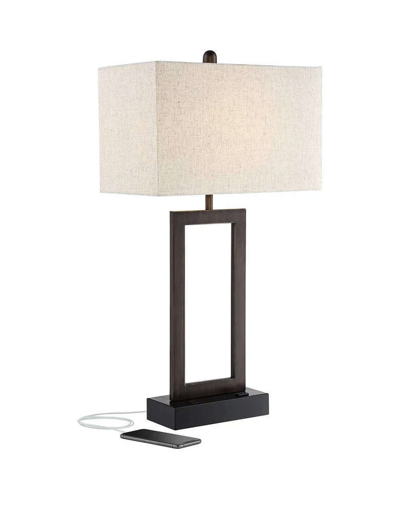 Todd Modern Minimalist Table Lamp with Usb and Ac Power Outlet in Base 30" Tall Bronze Rectangular Oatmeal Fabric Shade for Living Room Bedroom H