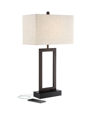 Todd Modern Minimalist Table Lamp with Usb and Ac Power Outlet in Base 30" Tall Bronze Rectangular Oatmeal Fabric Shade for Living Room Bedroom H