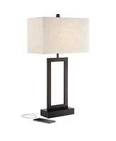 Todd Modern Minimalist Table Lamp with Usb and Ac Power Outlet in Base 30" Tall Bronze Rectangular Oatmeal Fabric Shade for Living Room Bedroom H