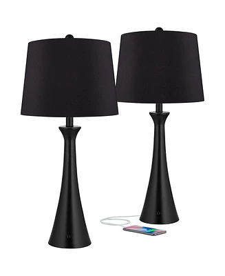 Karl Modern Table Lamps Set of 2 with Usb and Ac Power Outlet in Base 28 1/4" Tall Black Metal Faux-Silk Drum Shade for Bedroom Living Room Bedsi