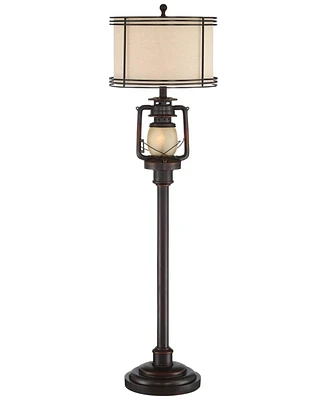 Barnes and Ivy Henson Rustic Industrial Farmhouse Standing Floor Lamp with Night Light Glass 63" Tall Bronze Earthy Fabric Drum Shade Decor for Living