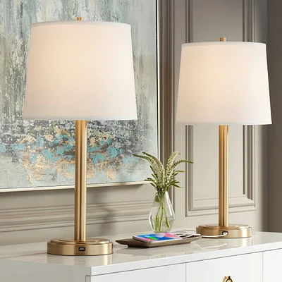 Camile Modern Glam Luxury Table Lamps 25" High Set of 2 with Usb Charging Port Brass Metal Oatmeal Drum Shade Decor for Living Room Desk Bedroom
