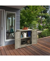 Outdoor Storage Cabinet and Potting Bench with Metal Tabletop and Storage Cabinet - Wooden Outdoor Garden Patio Workstation Table, Natural