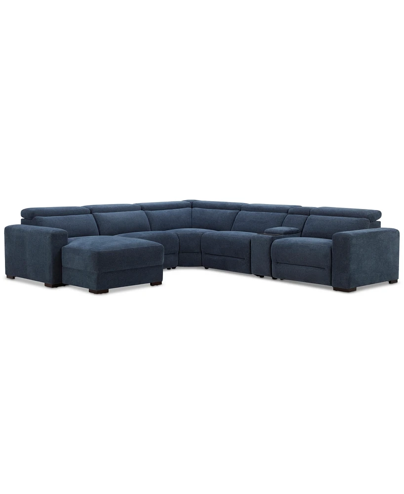 Nevio 6-Pc. Fabric Power Headrest Sectional with Chaise & Console and Motion Chairs