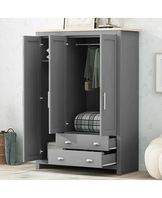 Three Door Storage Wardrobe with Cabinets and Two Hanging Rods, Gray