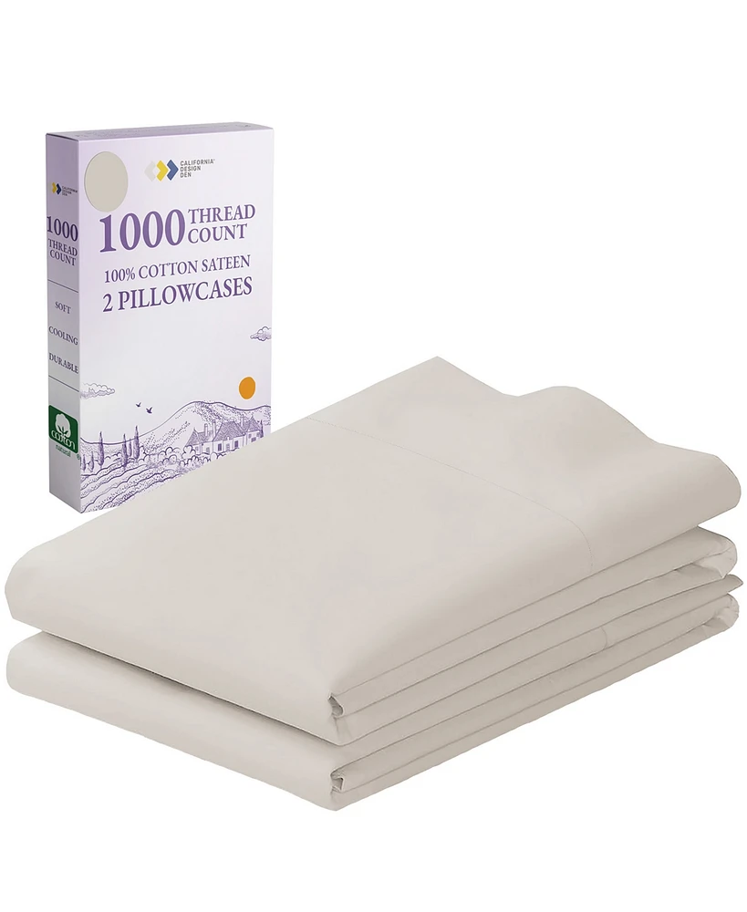 Luxury 1000 Thread Count Pillowcases, 100% Cotton Sateen Weave, Set Of 2 Classic Style Pillow Cases King Fits Pillows