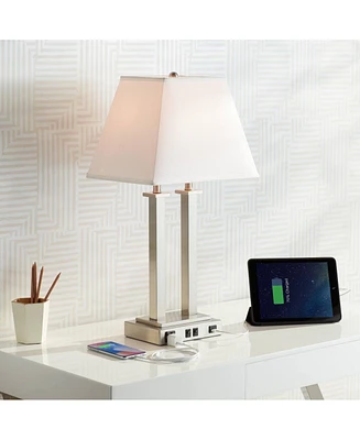 Amity Modern Table Lamp 26" High with Usb and Ac Power Outlet in Base Brushed Nickel White Linen Hardback Shade for Bedroom Living Room House Home Des