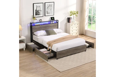 Full Bed Frame, Storage Headboard with Charging Station, Solid and Stable, Noise Free, No Box Spring Needed, Easy Assembly