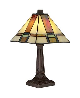 Morris Mission Antique Tiffany Style Mini Accent Table Lamp Led 14 1/4" High Warm Brown Art Deco Stained Glass Shade Decor for Bedroom House Beds