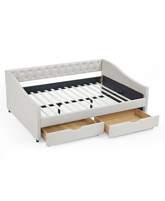 Upholstered Daybed with Drawers, Button Back & Copper Nail Arms