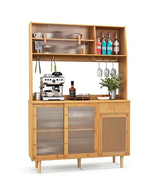 Bamboo Buffet Cabinet Wine Bar Pantry Cupboard Sideboard with Rattan Sliding Door