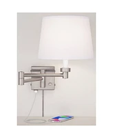 Vero Modern Swing Arm Wall Lamp with Usb Charging Port Brushed Nickel Plug-In Light Fixture White Drum Shade for Bedroom Bedside House Reading Living