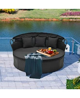 Patio Round Daybed with Retractable Canopy Rattan Sectional Seating