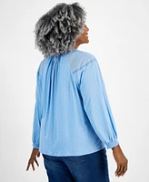 Style & Co Plus Mesh-Trim Raglan-Sleeve Blouse
