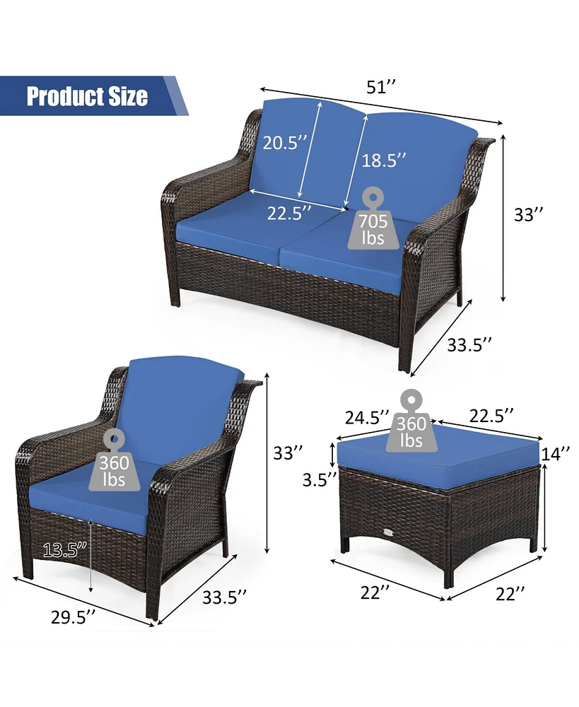 5 Pieces Patio Rattan Sofa Set with Cushion and Ottoman