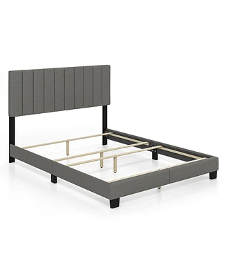 Queen Size Upholstered Bed Frame with Vertical Channel Tufted Headboard-Gray