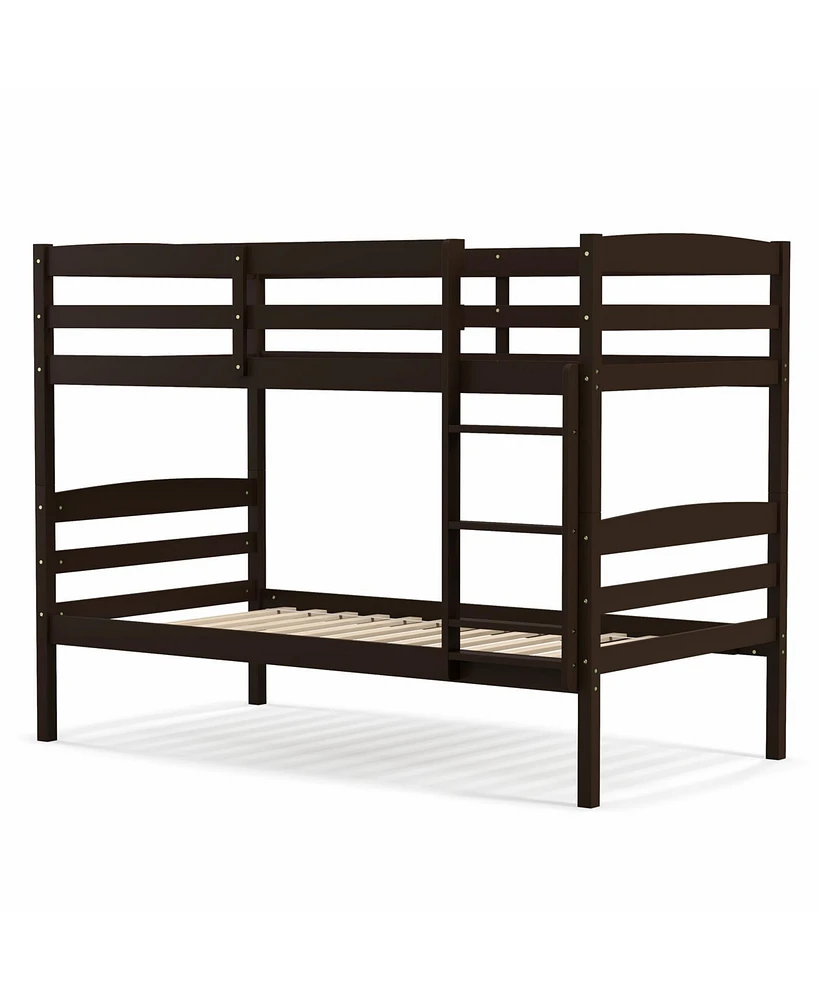 Sugift Solid Wood Twin Over Twin Bunk Bed Frame with High Guardrails and Integrated Ladder