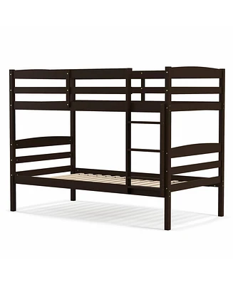 Sugift Solid Wood Twin Over Twin Bunk Bed Frame with High Guardrails and Integrated Ladder