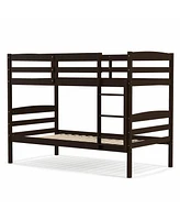 Sugift Solid Wood Twin Over Twin Bunk Bed Frame with High Guardrails and Integrated Ladder