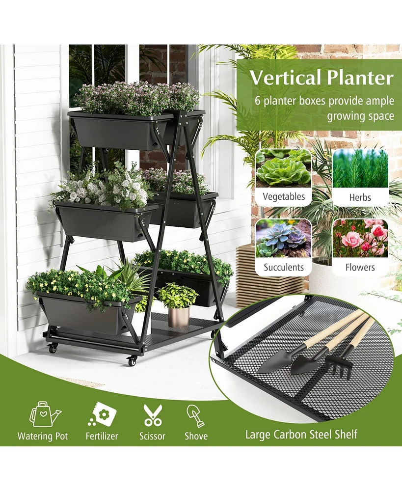 3-Tier Vertical Raised Garden Bed with 4 Wheels and 6 Container Boxes