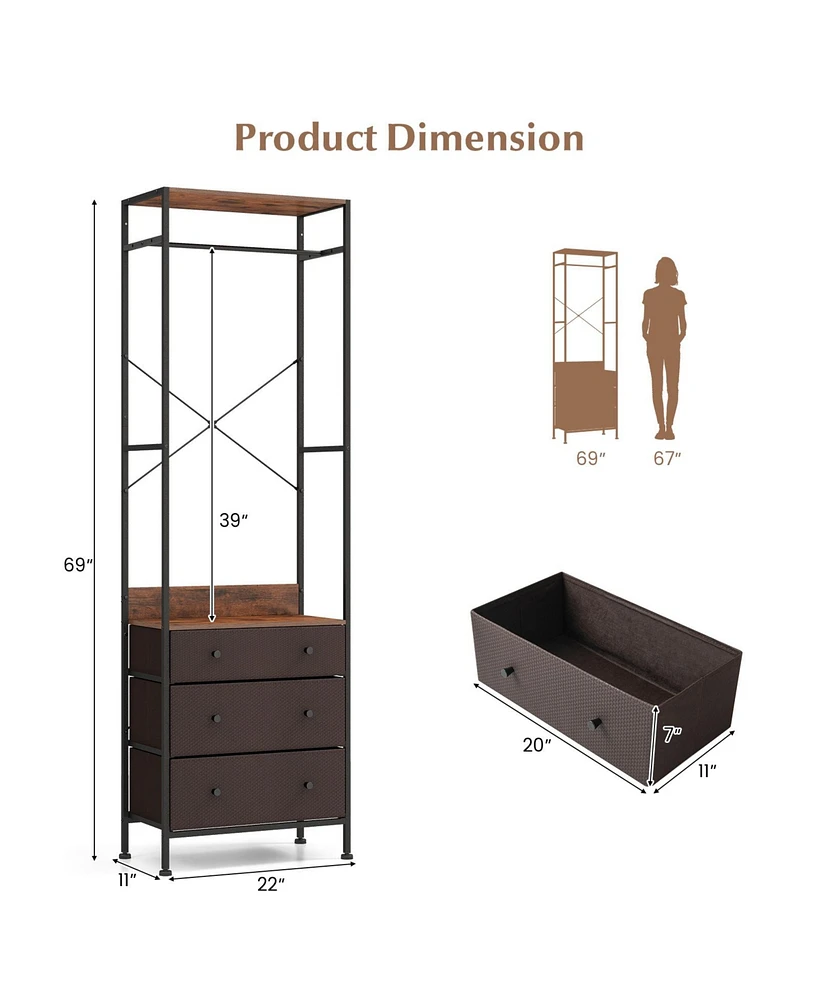 Freestanding Closet Organizer with 3-position Hanging Rod and Storage Shelves