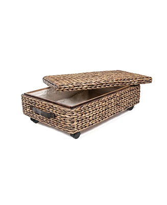 Chett 26.38" Minimalist Hand-Woven Hyacinth/Wood Underbed Storage Bin with Wheels and Handles