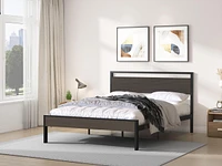Streamdale Furniture Ceres Metal Bed, Black with Walnut Wood Headboard&Footboard, Queen