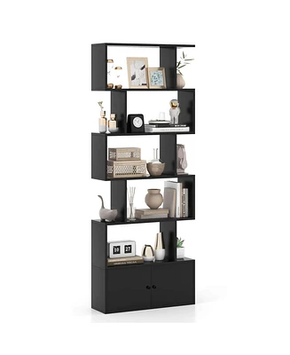 6-Tier S-Shaped Bookcase Storage Rack Bookshelf with Cabinet Anti-toppling Devices