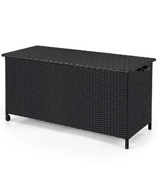 85 Gallon Rattan Deck Box with Waterproof Liner Universal Wheels & Gas Strut
