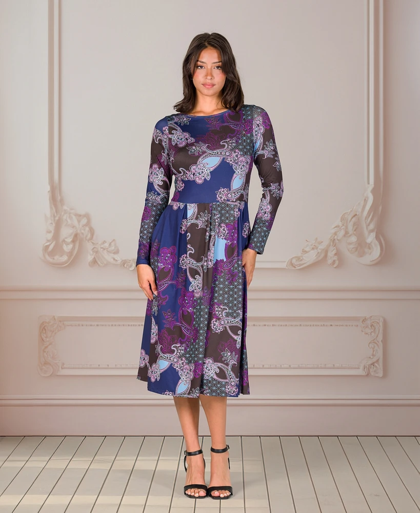 24seven Comfort Apparel Women's Purple Paisley Midi Length Long Sleeve Pocket Dress
