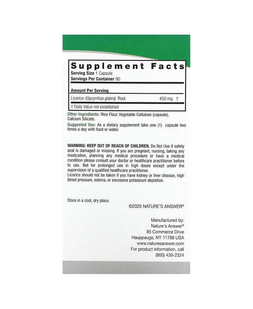 Nature's Answer Licorice 450 mg - 90 Vegetarian Capsules