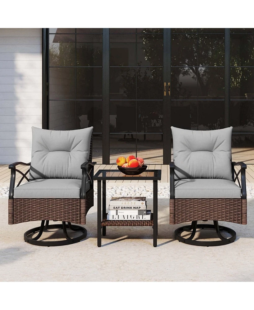 3 Pcs Patio Swivel Rocker Set with 2-Tier Coffee Table & Cozy Seat Back Cushions