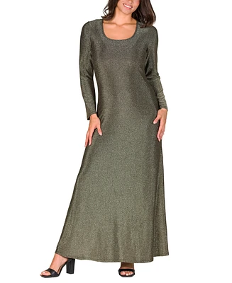 24seven Comfort Apparel Women's Long Sleeve Scoop Neck Shimmery Fabric Maxi Dress
