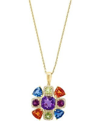 Effy Multi-Gemstone (7-1/10 ct. t.w.) & Diamond (1/4 ct. t.w.) Cluster Halo 18" Pendant Necklace in 14k Gold