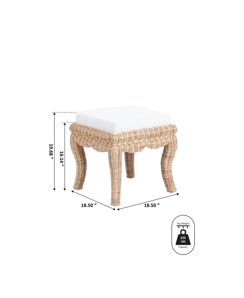 Jonathan Y Rowan 19.7" Bohemian Designer Woven Rattan/Wood Vanity Stool, White Cushion with Natural Frame