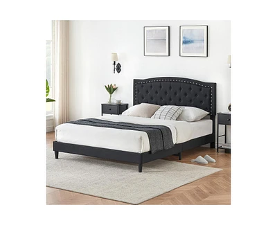 gaomon Upholstered Bed Frame with Height-Adjustable Headboard, Linen Platform Bed Frame Mattress Foundation with Wooden Slats Support