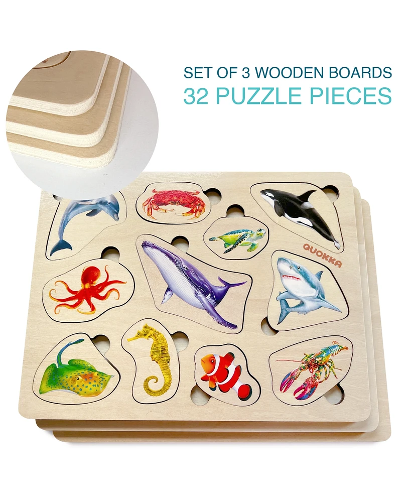 Quokka 3xSET Wooden Montessori Puzzles for Toddlers 1-3 – Learning Realistic Animals