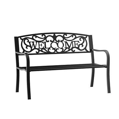 50" Black Metal Welcome Bench with Slatted Seat for Outdoor Spaces