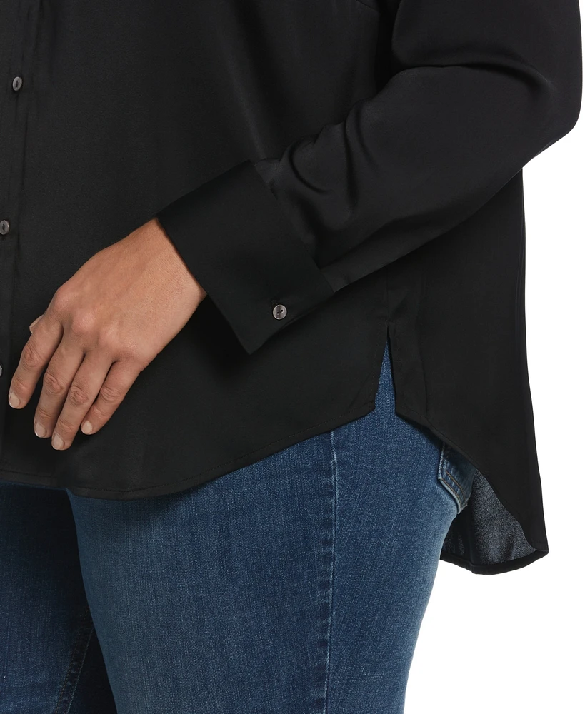 Rafaella Plus Size Notch Collar Silk Long Sleeve Button-Down Blouse