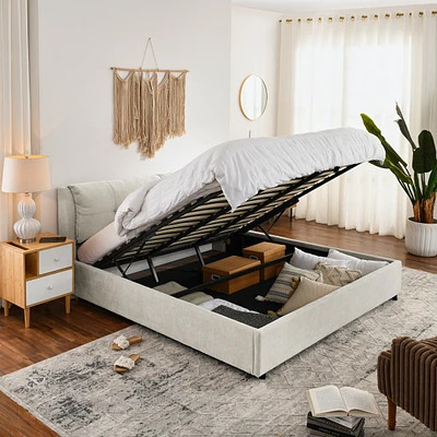 King Size Upholstered Platform Bed with Headboard and Hydraulic Lift