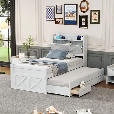 Twin Bed with Storage Headboard and Trundle